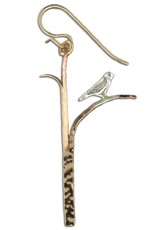 Sterling Silver and 14k Gold-Filled Bird on Branch Hammred Earrings 45mm