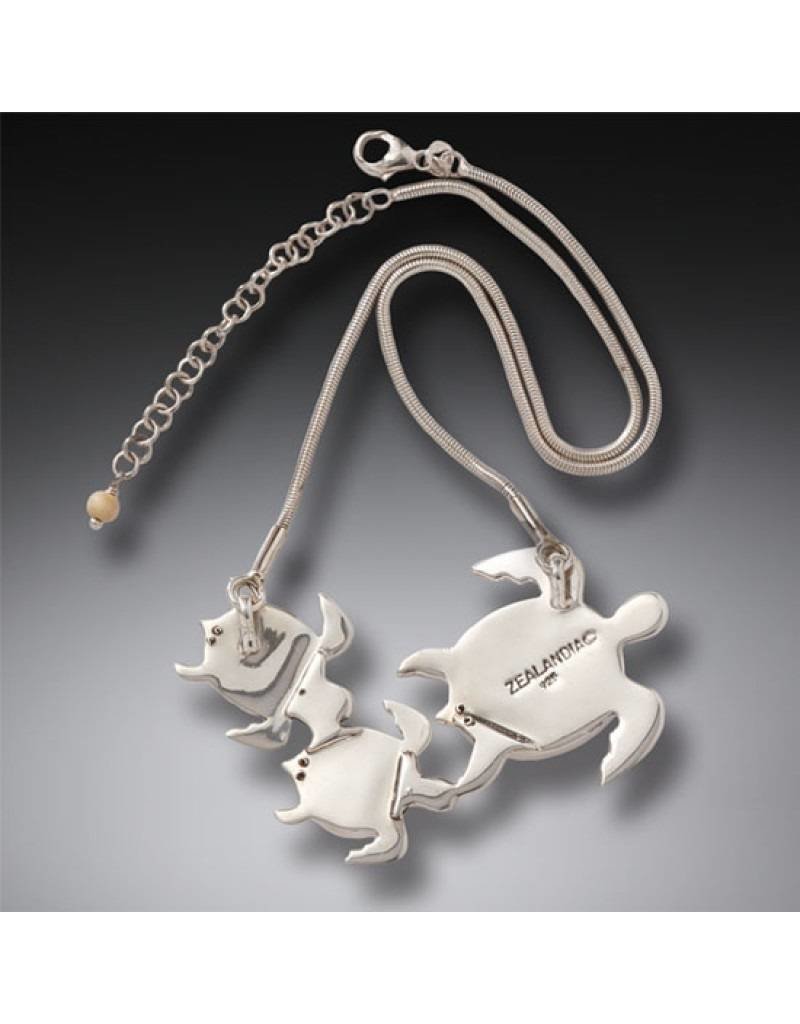 ZEALANDIA Fossilized Walrus Ivory Turtle Family Necklace, Handmade Silver (includes chain) - Mother and Baby Turtles