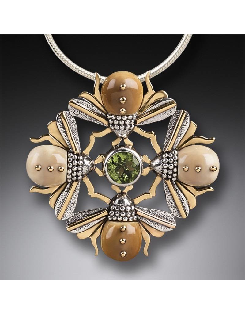 ZEALANDIA Fossilized Walrus Ivory Four Bees Pendant with 14kt Gold Fill and Peridot