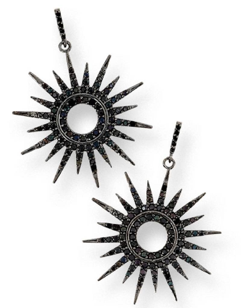 Sterling Silver Black Cubic Zirconia Sun Dial Post Earrings with Ruthenium Finish 28mm
