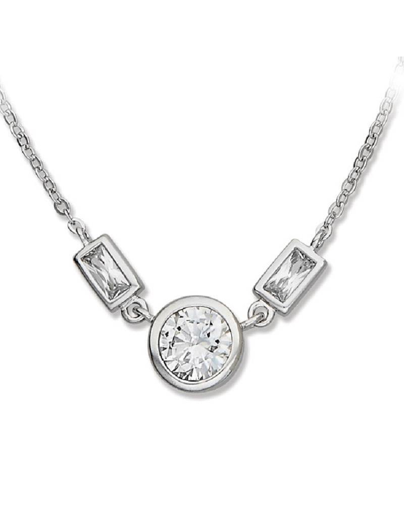 Sterling Silver Round and Baguette Cubic Zirconia Necklace 15"+2" Extender