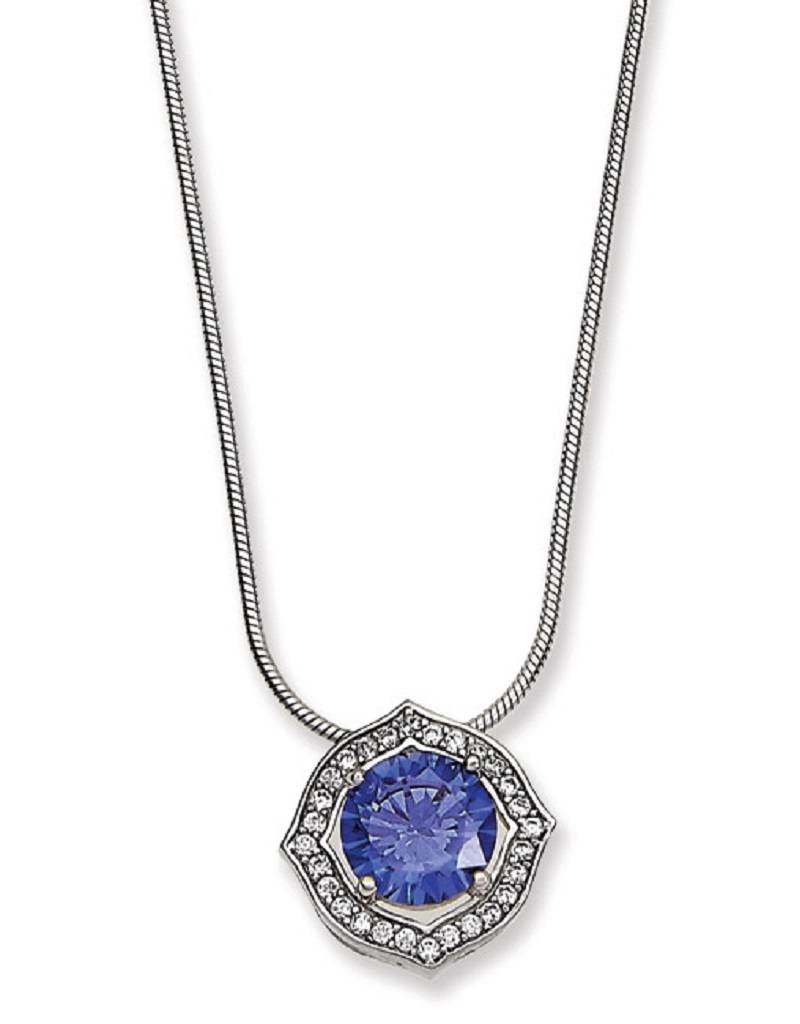 Sterling Silver Rosette with Tanzanite Color Cubic Zirconia Necklace 18"