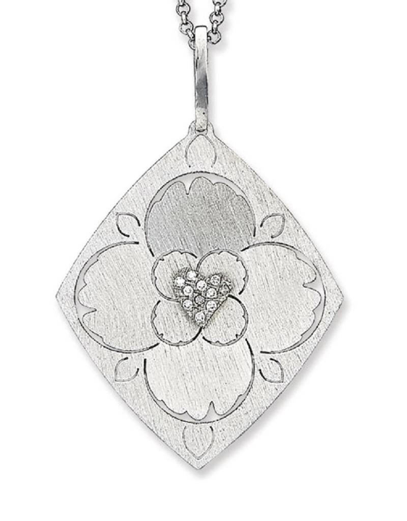 Sterling Silver Flower and Heart Cubic Zirconia Necklace 16"+2" Extender