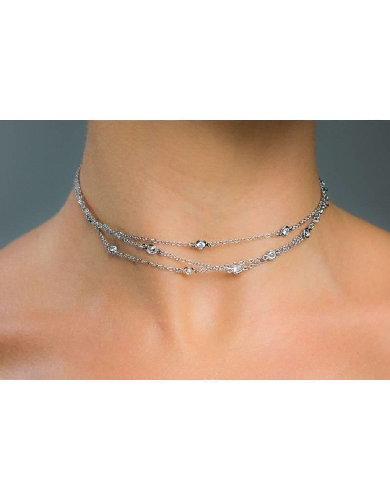 Sterling Silver 3-Strand Cable Chain with Round Cubic Zirconia Choker Necklace 13"+3" Extender