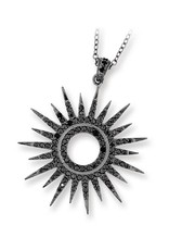 Sterling Silver Large Sun Dial Black Cubic Zirconia Necklace with Black Ruthenium Finish 18"