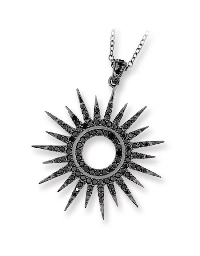 Sterling Silver Large Sun Dial Black Cubic Zirconia Necklace with Black Ruthenium Finish 18"