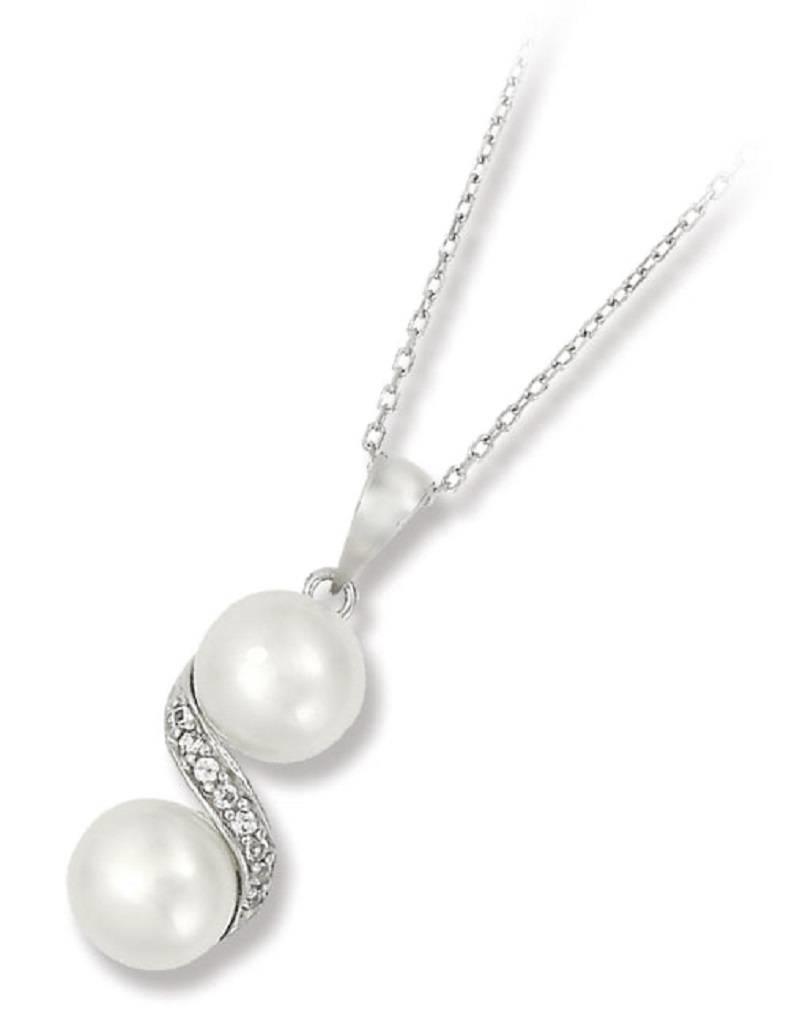 Sterling Silver with 2 pearls and White Topaz Necklace 18"