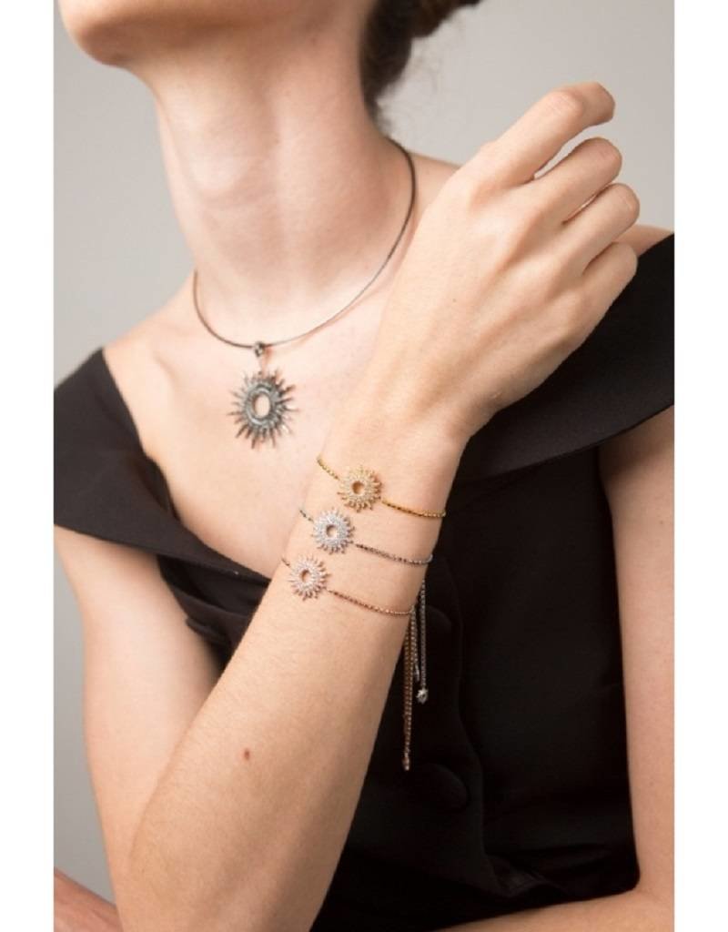 Sterling Silver Sun Dial Cubic Zirconia Necklace with Rhodium Finish 18"