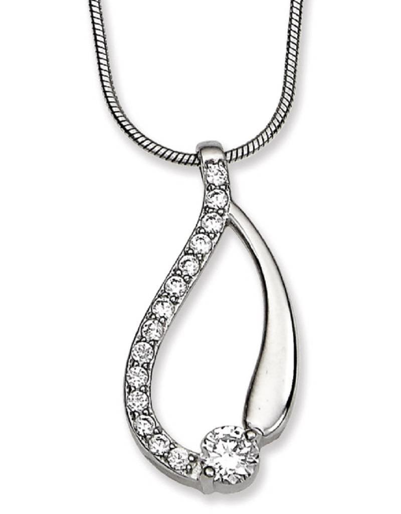Sterling Silver Curved Open Teardrop Cubic Zirconia Necklace 18"