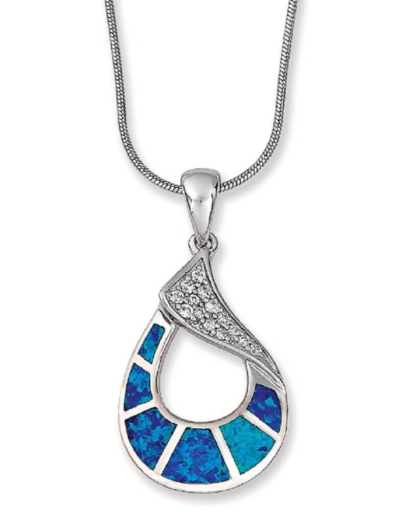 Sterling Silver Teardrop Loop Blue Synthetic Opal and Cubic Zirconia Necklace 18"
