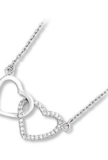 Sterling Silver Double Heart Cubic Zirconia Necklace 16"+2" Extender