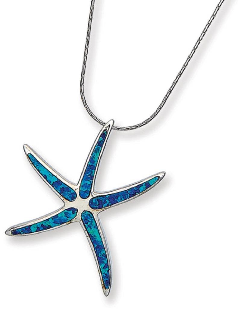 Sterling Silver Starfish Synthetic Opal Necklace 18"
