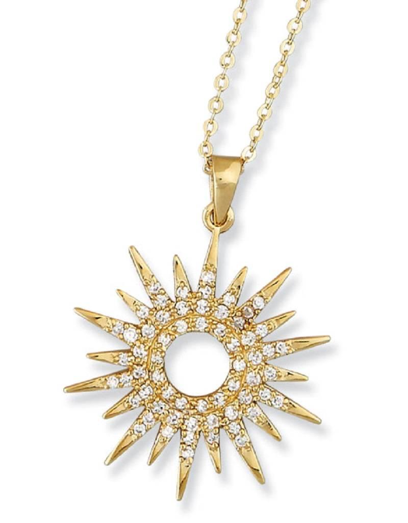 Sterling Silver Sun Dial Cubic Zirconia Necklace with 14k Gold Vermeil Finish 18"