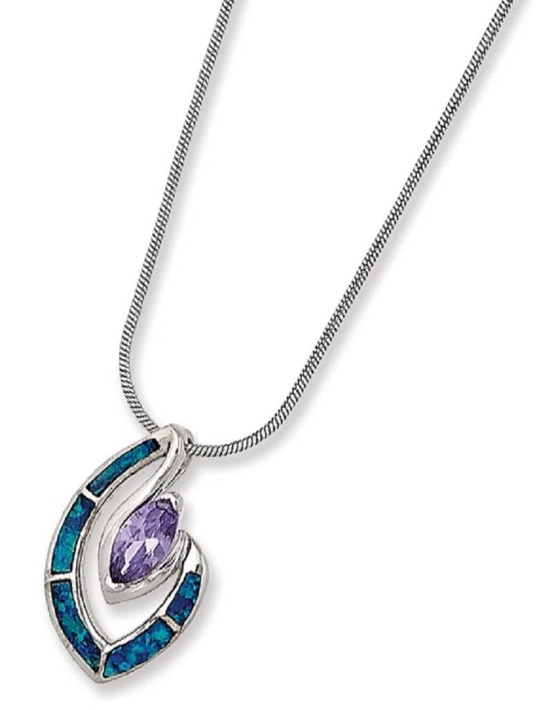 Sterling Silver Marquise Purple Cubic Zirconia and Blue Synthetic Opal Necklace 18"