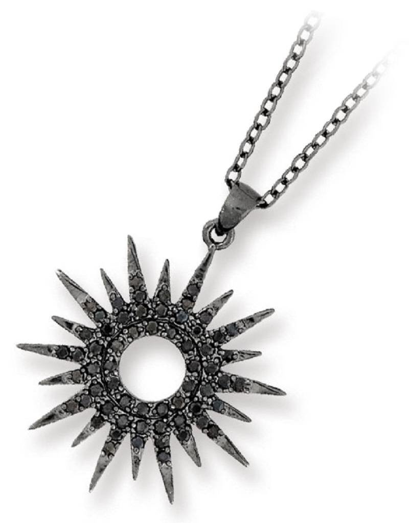 Sterling Silver Sun Dial Black Cubic Zirconia Necklace with Black Ruthenium Finish 18"