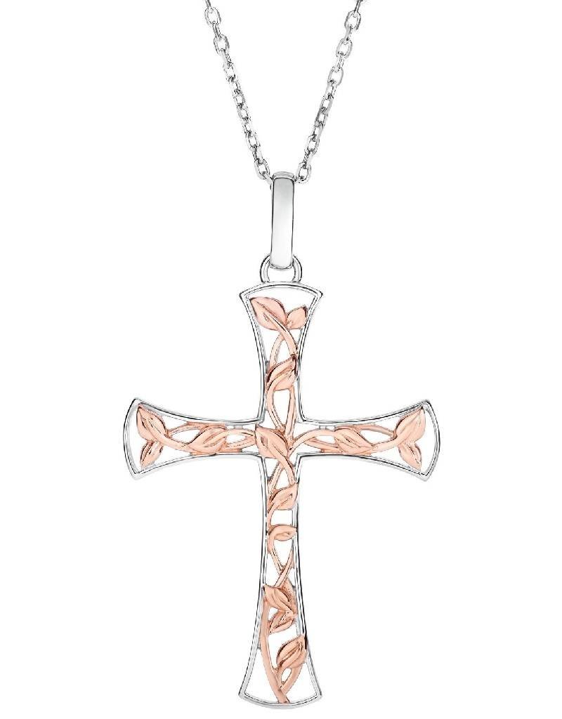 Sterling Silver 59mm Cross with Rose Gold Vermeil Finish Necklace 30"