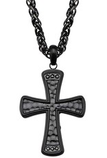 Men's Hammered Black Stainless Steel Cross with Black Cubic Zirconia Necklace 22"