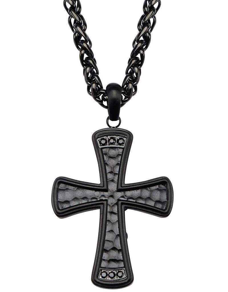 Men's Hammered Black Stainless Steel Cross with Black Cubic Zirconia Necklace 22"