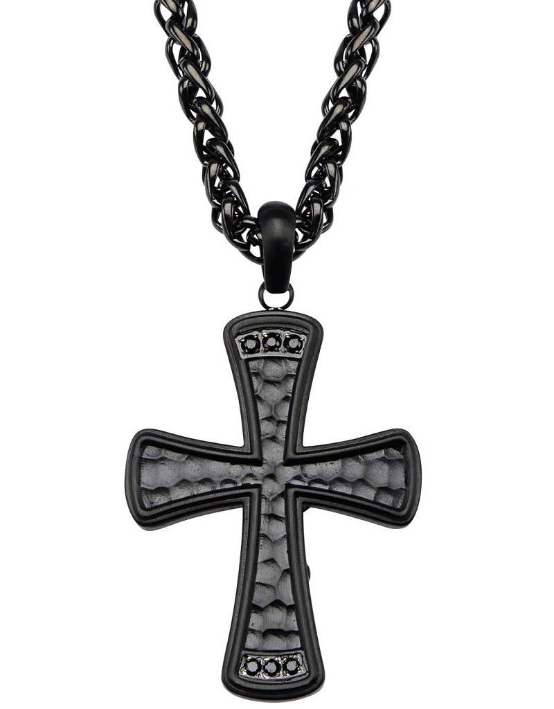 Men's Hammered Black Stainless Steel Cross with Black CZ Necklace 24 ...