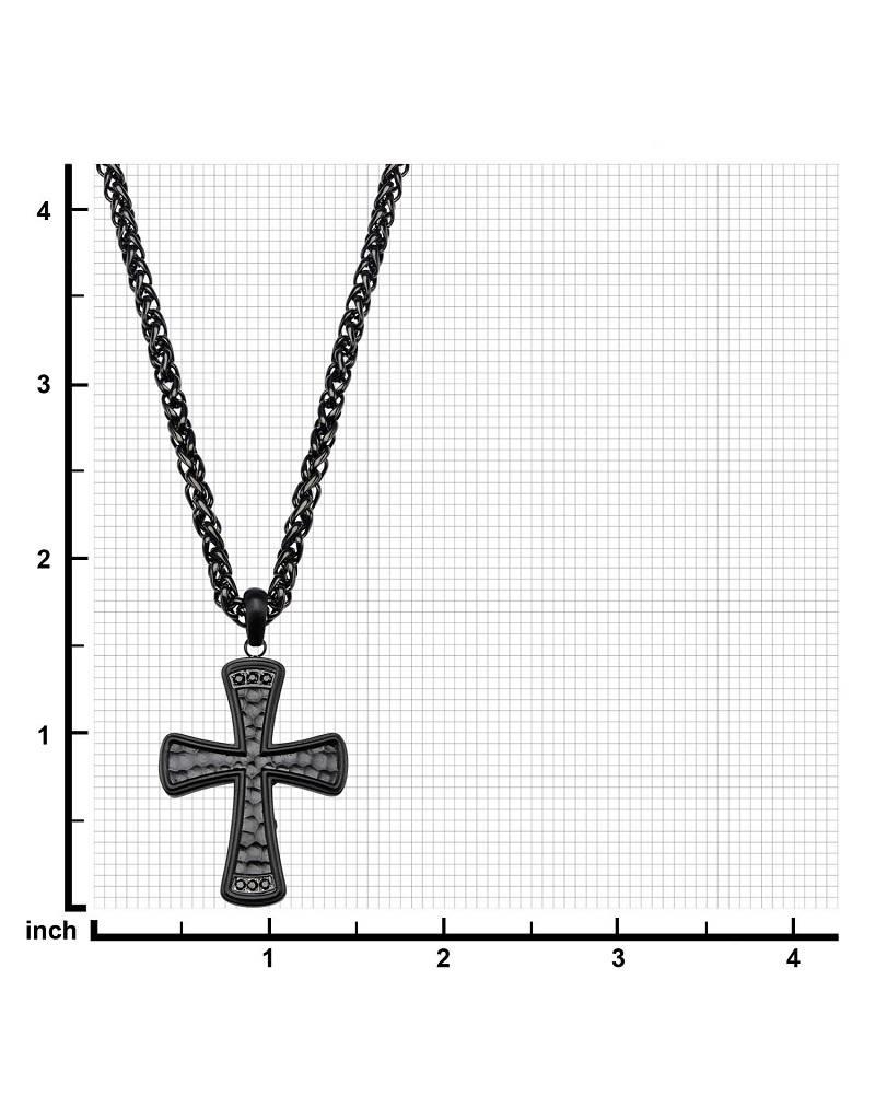 Men's Hammered Black Stainless Steel Cross with Black Cubic Zirconia Necklace 22"