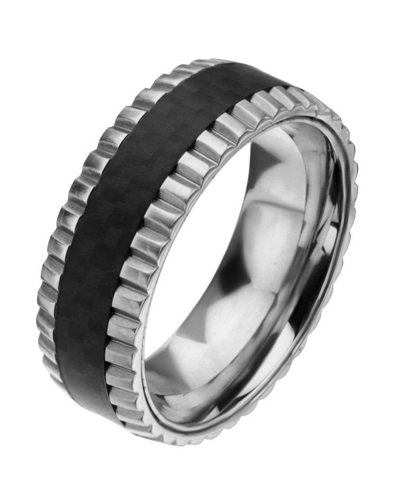 Men's Stainless Steel Carbon Fiber Notch Band Ring