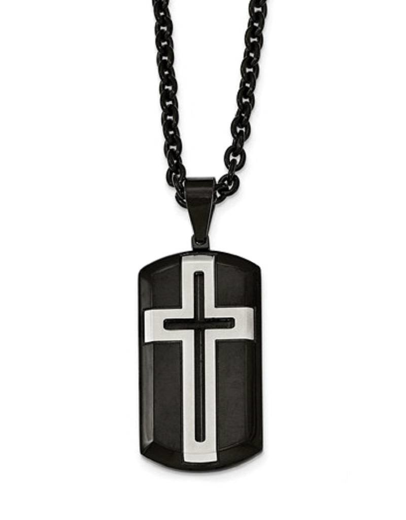 Men's Stainless Steel Black Cross ID Tag Necklace 24"