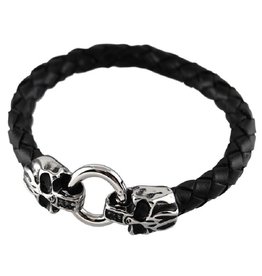 Steel Skull Ends Leather Bracelet 9"