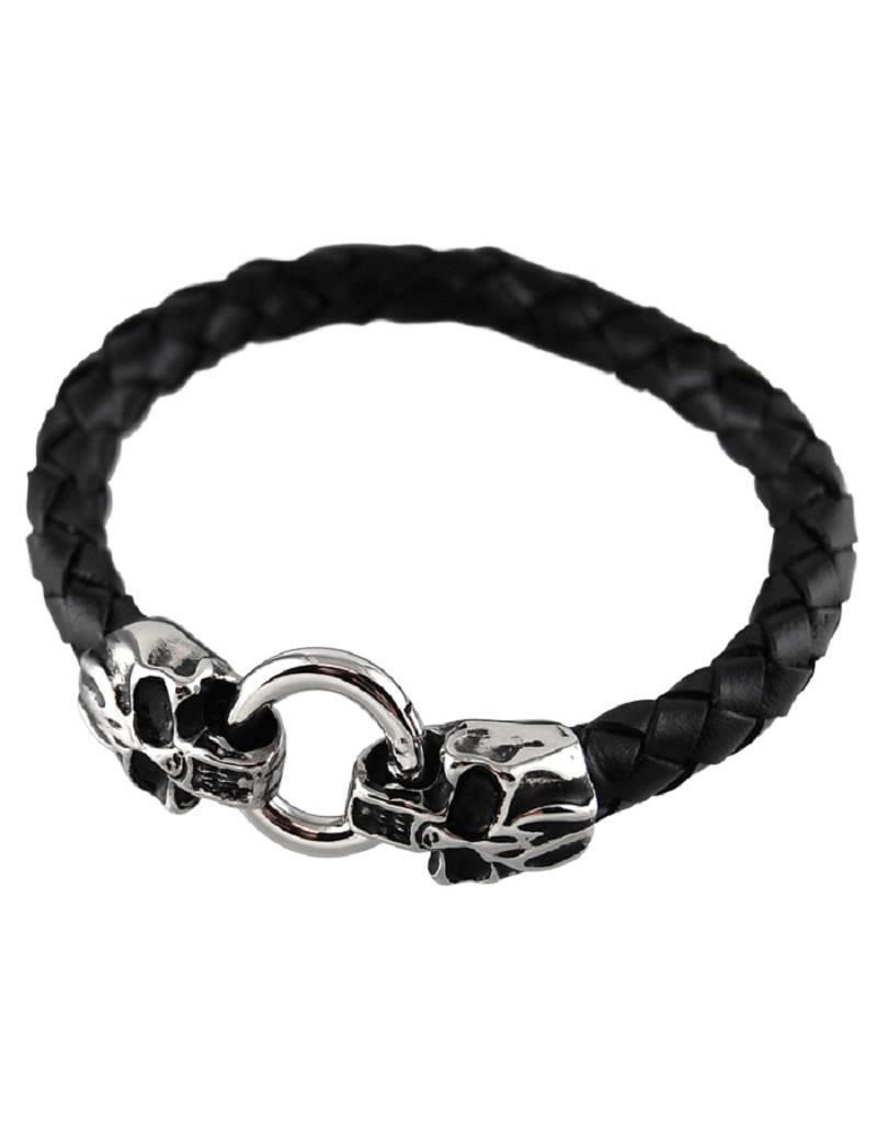 Men's Braided Leather with Stainless Steel Skull Ends Bracelet 9"