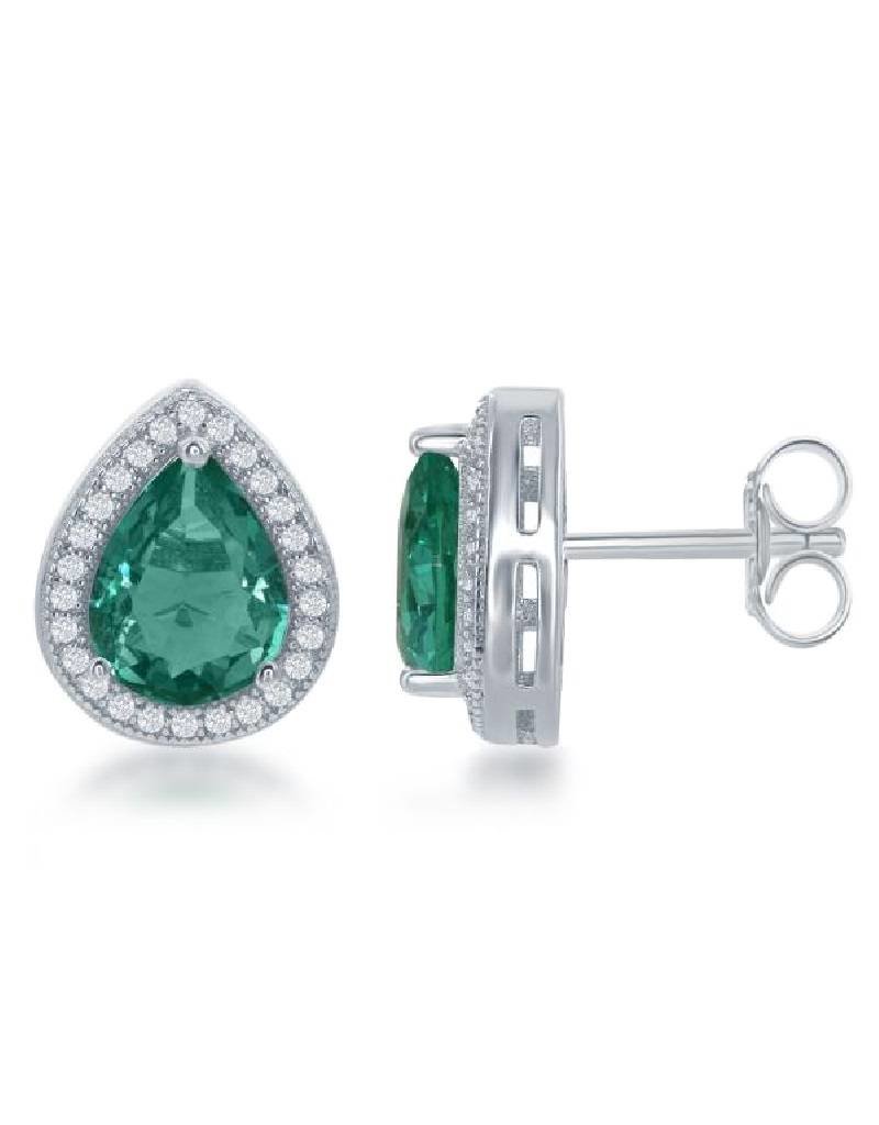 Sterling Silver Teardrop Emerald Color Cubic Zirconia Post Earrings 13mm