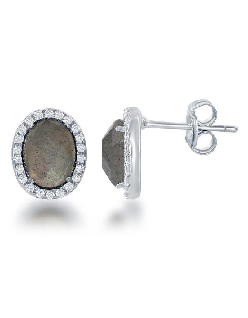 Sterling Silver Oval Labradorite and Cubic Zirconia Post Earrings 10mm