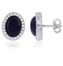 Oval Lapis CZ Stud Earrings 10mm