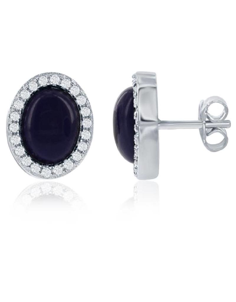 Sterling Silver Oval Synthetic Lapis and Cubic Zirconia Stud Earrings 10mm