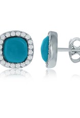Sterling Silver Cushion Cabochon Synthetic Turquoise and Cubic Zirconia Stud Earrings 9mm