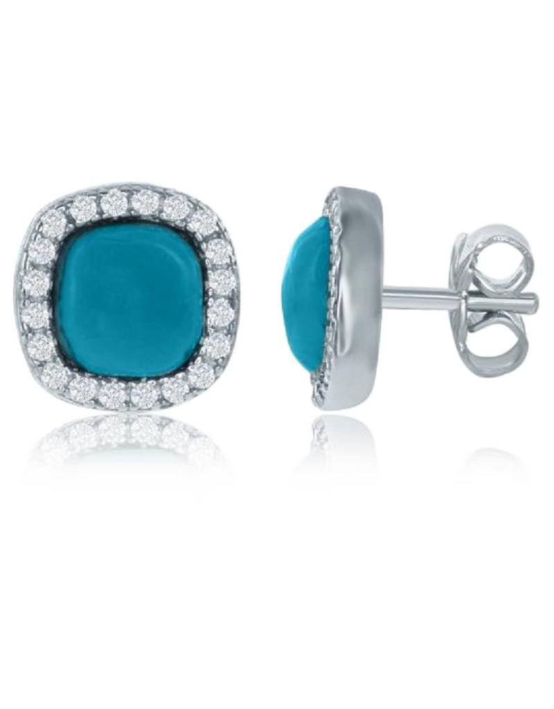 Cushion Turquoise CZ Stud Earrings 9mm