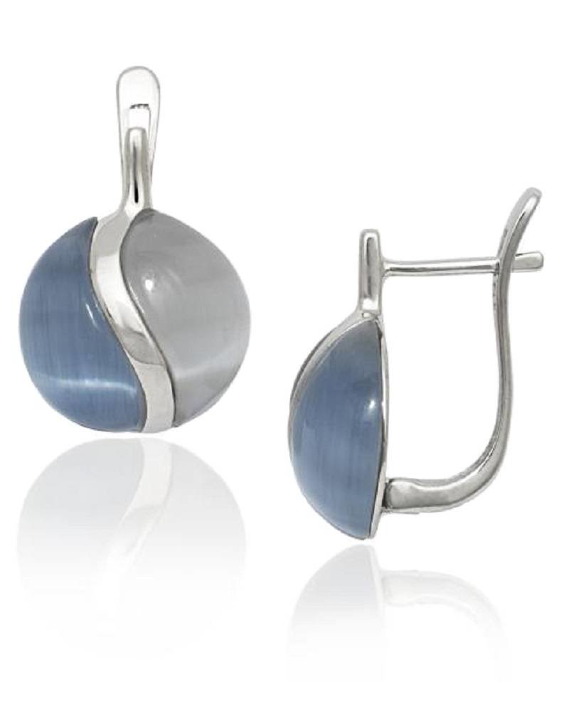Sterling Silver Yin Yang Blue and White Synthetic Cat's Eye Earrings 20mm