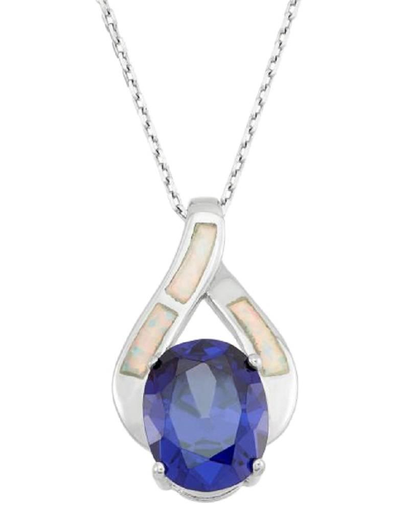 Sterling Silver with Synthetic White Opal and Tanzanite Color Cubic Zirconia Necklace 18"
