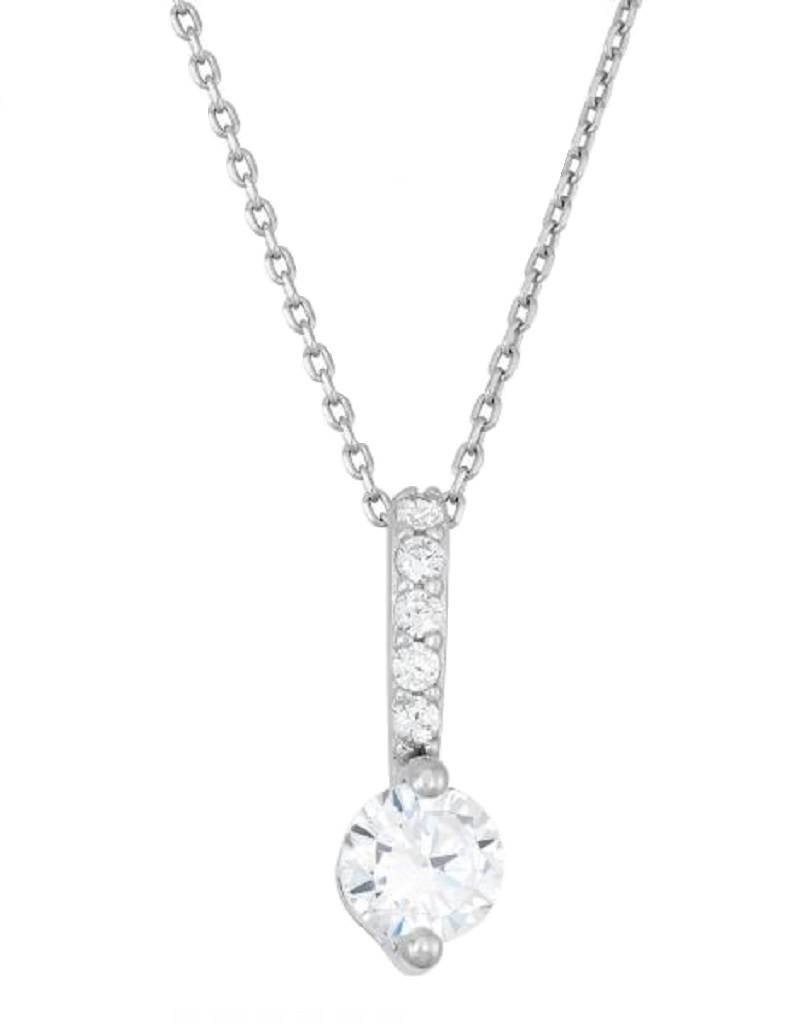 Sterling Silver with Round Cubic Zirconia Bar Necklace 18"