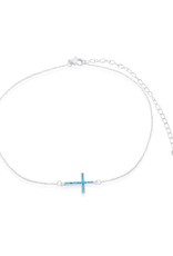Sterling Silver Sideways Cross with Synthetic Blue Opal Choker Necklace 12"+4" Extender
