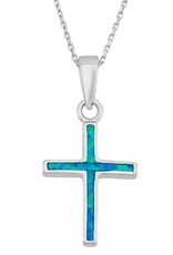 Sterling Silver Cross with Synthetic Blue Opal Inlay Necklace 18"