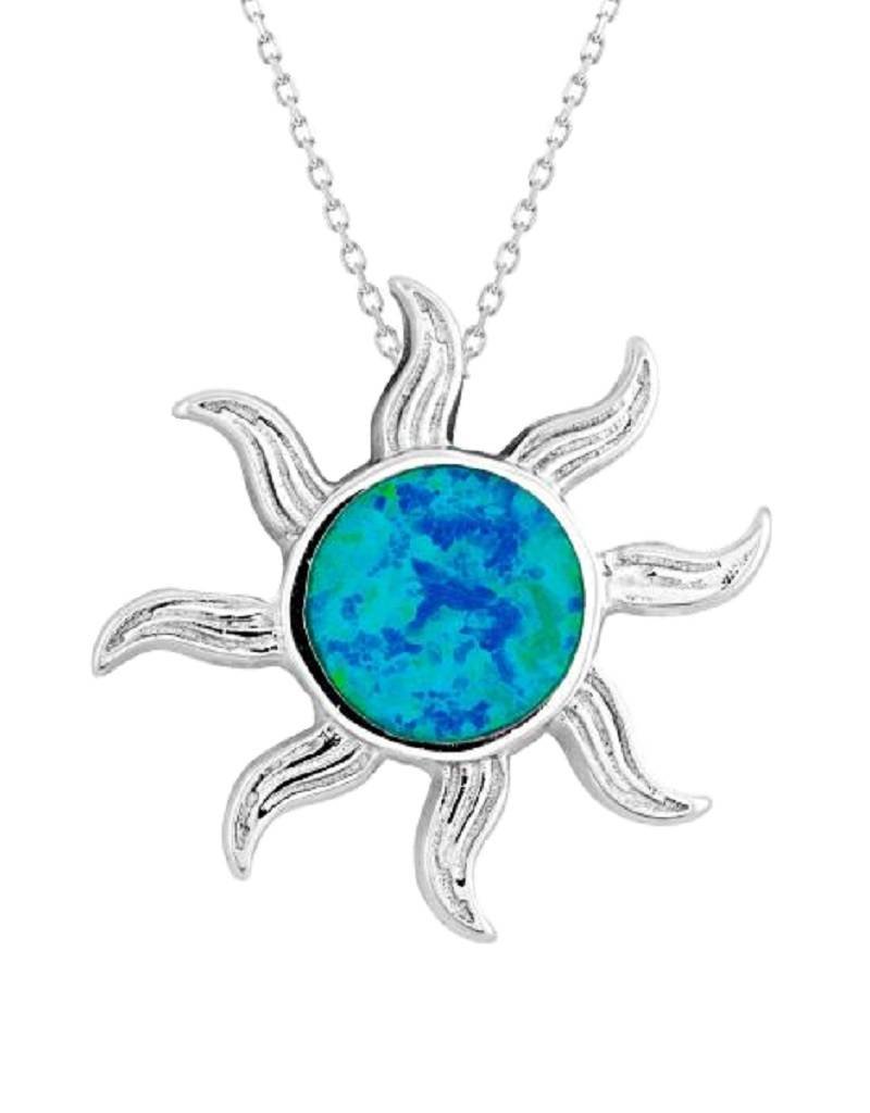 Sterling Silver Sun with Synthetic Blue Opal Necklace 18"