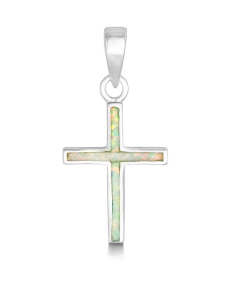 Sterling Silver Cross with White Synthetic Opal Necklace 18" (Includes Chain)