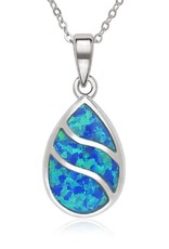 Sterling Silver Teardrop Inlay Synthetic Blue Opal Necklace 18"