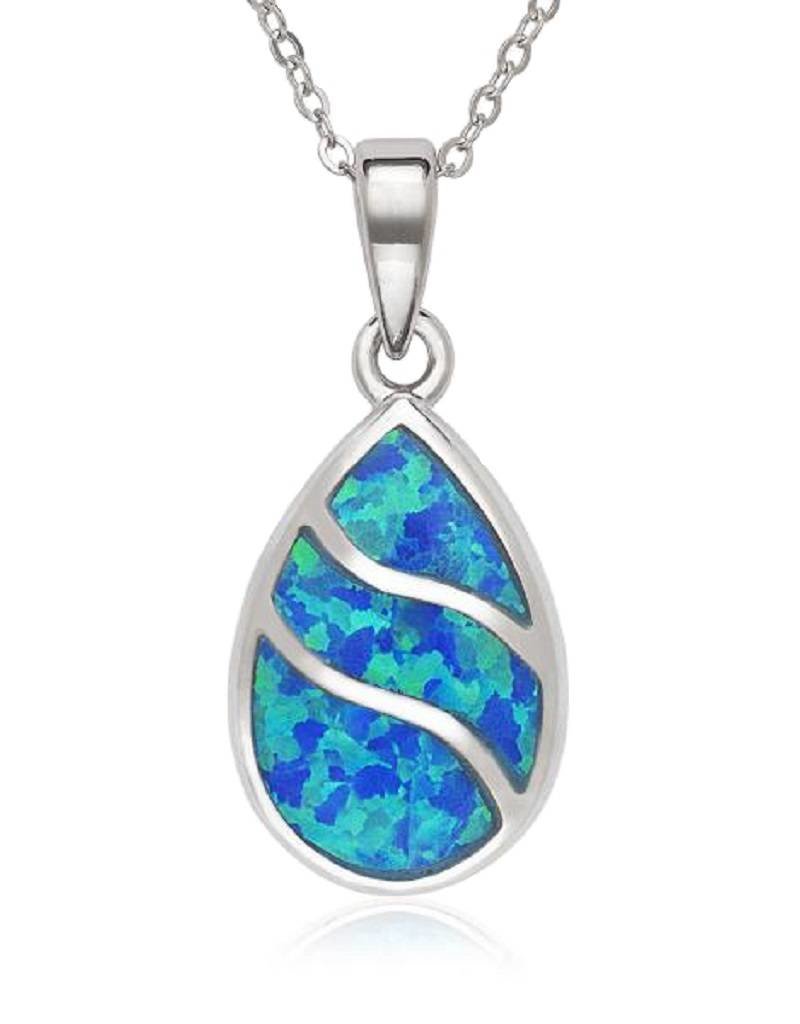 Sterling Silver Teardrop Inlay Synthetic Blue Opal Necklace 18"