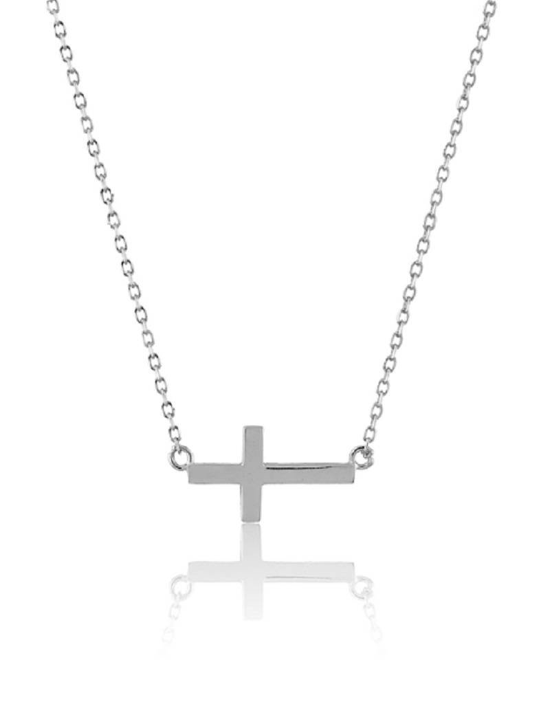 Sterling Silver Small Sideways Cross Necklace 16"+2" Extender