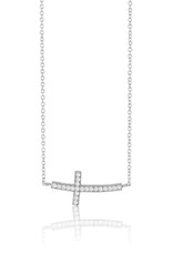 Sterling Silver Curved Sideways Cross Cubic Zirconia Necklace 16"+2" Extender