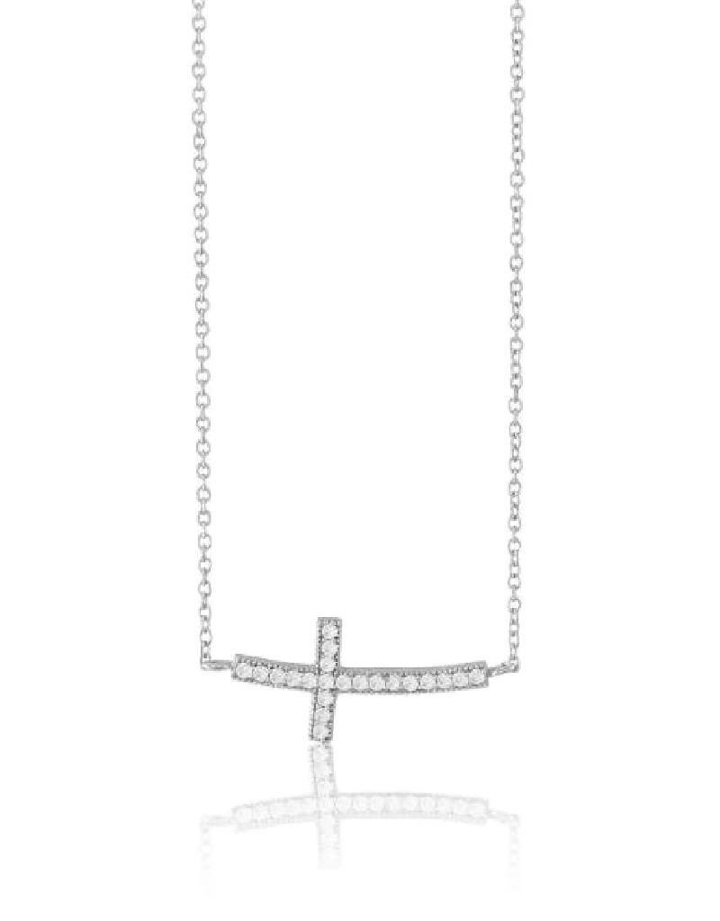 Sterling Silver Curved Sideways Cross Cubic Zirconia Necklace 16"+2" Extender