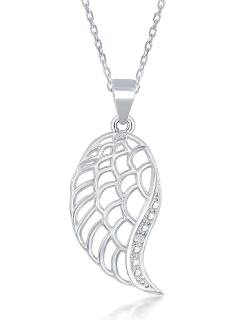 Sterling Silver Angel Wing Diamond Necklace 18"