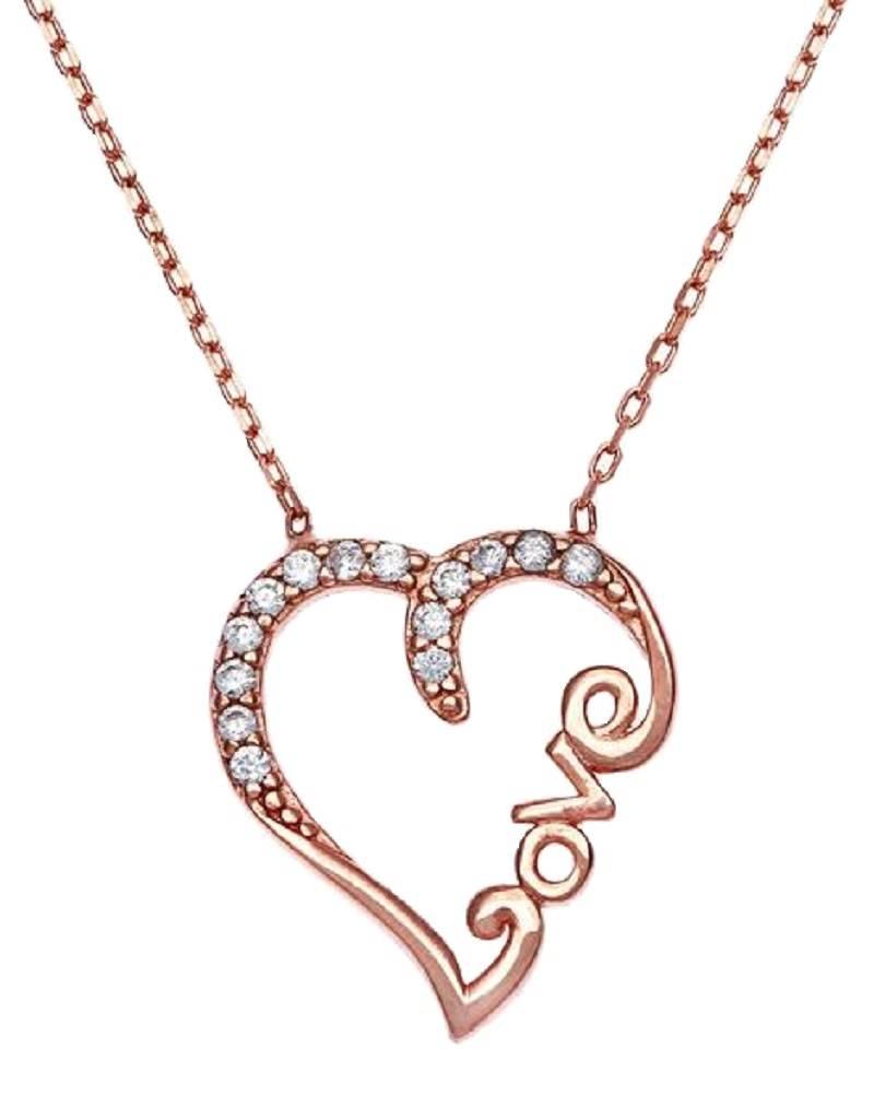 Sterling Silver Heart Love Cubic Zirconia Rose Gold Vermeil Necklace 16"+2" Extender