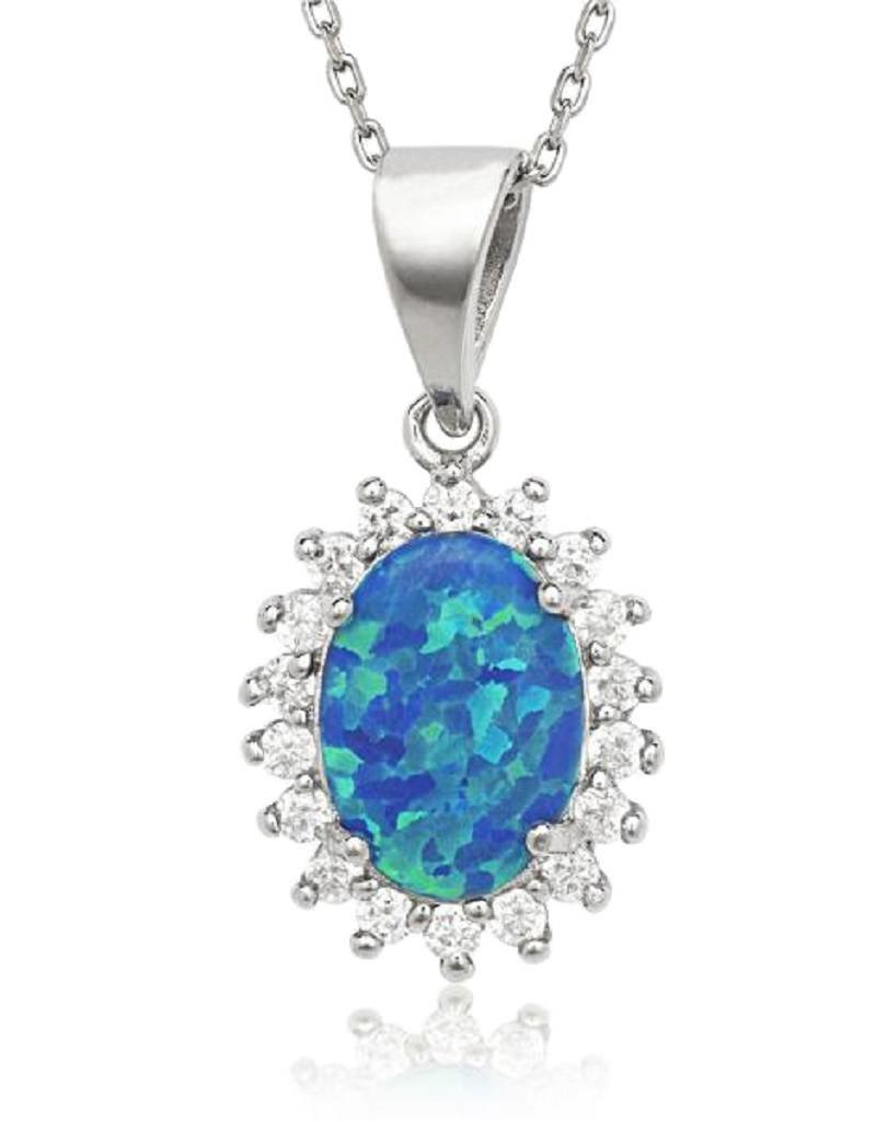 Sterling Silver Oval Blue Opal and Cubic Zirconia Necklace 18"