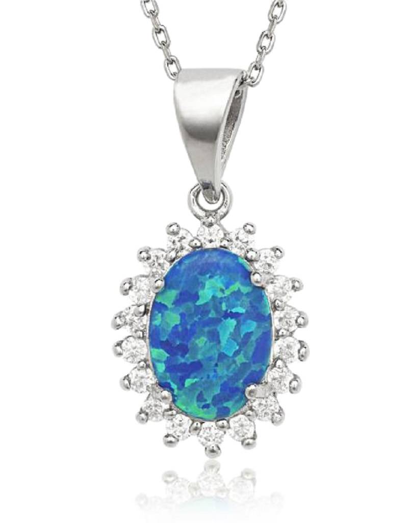 Oval Blue Opal and CZ Necklace